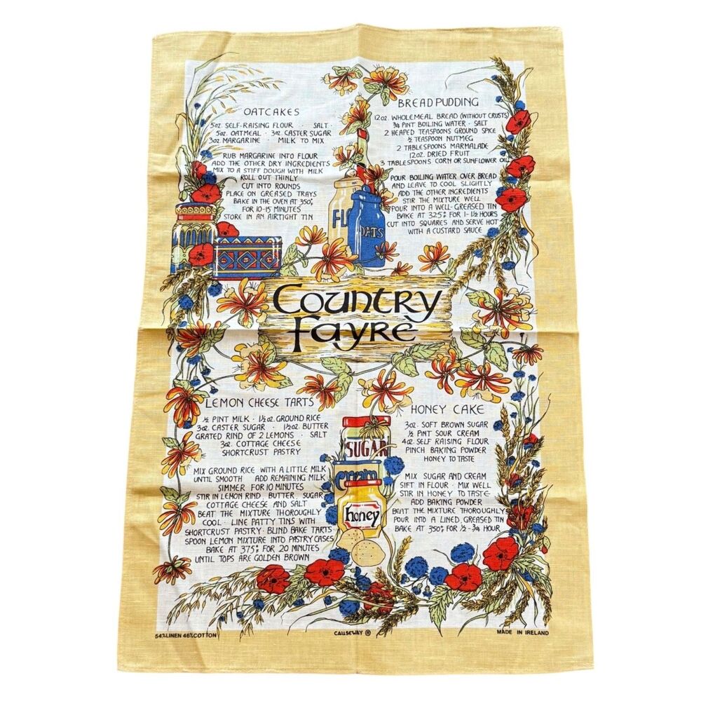 Vtg Causeway Country Fayre Recipe Tea Towel Linen Cotton Made Ireland UNUSED